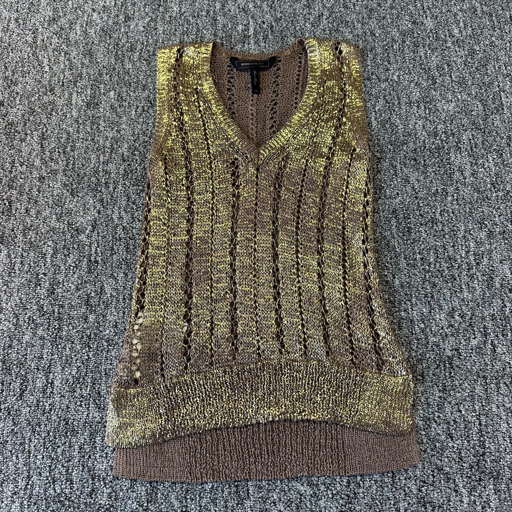 BCBGMAXAZRIA Sweater Vest Womens XS Metallic Gold Knit V-Neck Pullover Winter